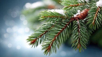 Snow-dusted pine branches lie on a soft blanket of snow as delicate flakes fall, creating a serene winter scene