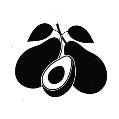 Black silhouette of three avocados one halved with stem and leaves fruit food