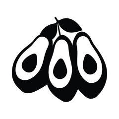 Stylized black and white graphic of three avocados with leaves fruit food