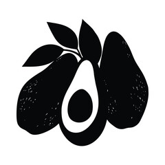Black silhouette of avocados and leaves on white background fruit food