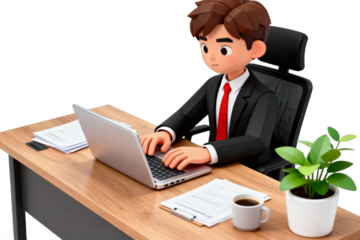 A business man in suit is working on laptop at office desk with documents and a plant, representing office work scenario.