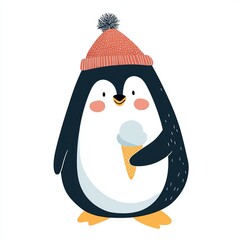 An adorable penguin in a warm hat happily holding an ice cream cone