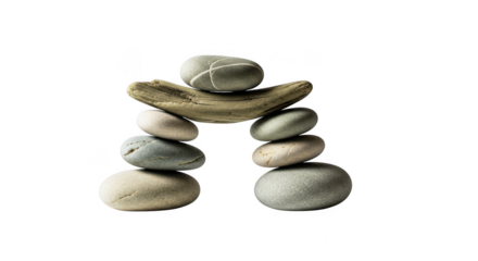 Zen stack composition of smooth river stones and natural weathered driftwood creating balance and harmony concept art