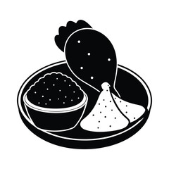 Black and white illustration of chicken leg and rice on a plate bowl