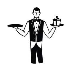 A man in a tuxedo vest and bow tie holds trays with food waiter server