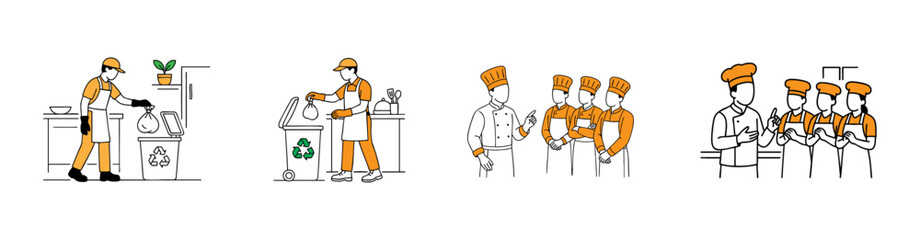 Kitchen Staff Operations Waste Management and Team Briefing vector illustration 