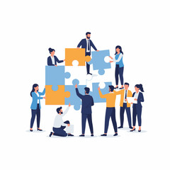 A diverse team of business professionals in formal attire collaborating to build a large blue and orange jigsaw puzzle, symbolizing teamwork and strategy.
