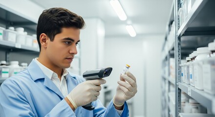Pharmacist Scanning Medication in Pharmacy, Healthcare Professional.