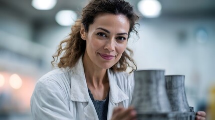 Obraz premium A smiling woman in a lab coat examines a model of industrial cooling towers in a bright laboratory setting