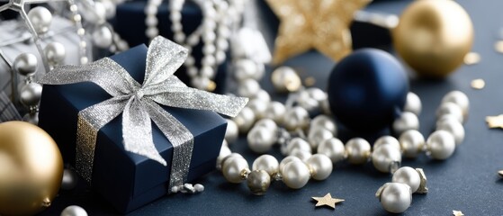 Two elegantly wrapped gifts sit on a soft light blue surface, adorned with stylish blue ribbons and white snowflakes