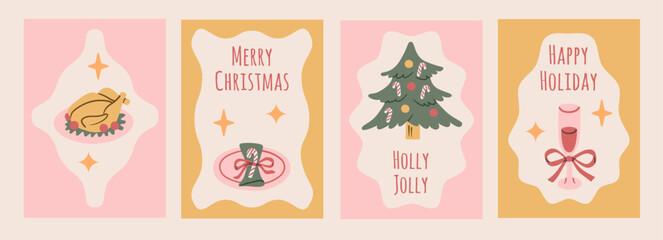 Set of four cute Christmas and New Year greeting cards. Hand-drawn doodle illustrations of a tree, roast turkey, gift, and festive drink.