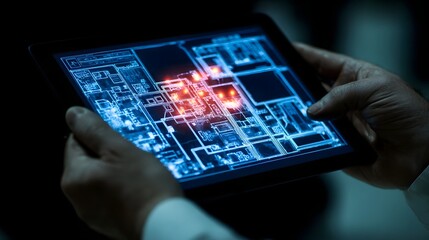 Hands holding a tablet displaying a complex digital schematic with illuminated red points on a blue grid