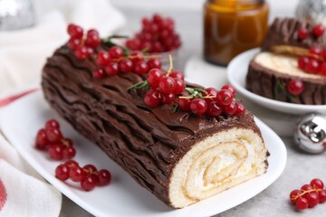 Delicious Yule log (traditional Christmas cake) with redcurrant on table, closeup
