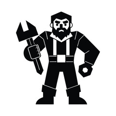 Black and white cartoon lumberjack character holding a wrench and a nut illustration