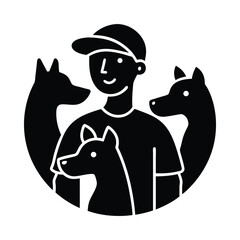 Black and white cartoon illustration of a man with three dogs vector