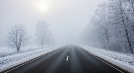 Empty Gray Asphalt Road in Snowy Landscape Under Bright Sunlight with Dense Fog