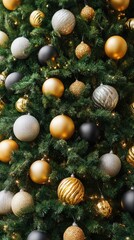 Vibrant red and gold ornaments adorn a lush evergreen tree, adding a cheerful touch to the holiday spirit in a cozy space