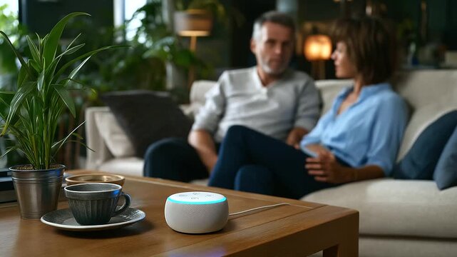 Headless shot showing couple's torsos in living room beside focused intelligent voice interface device, with copy space