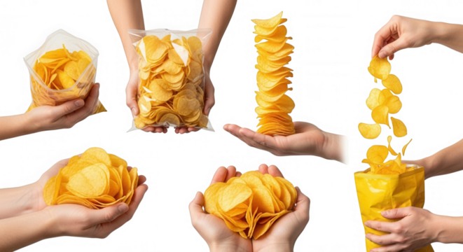 Golden potato crisps held in hands isolated on a transparent background