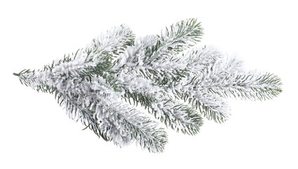 Branch of artificial fir tree with snow isolated on white. Christmas decor