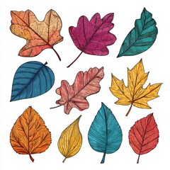 Colorful collection of autumnal leaves, showcasing vibrant hues and intricate details, each leaf a unique masterpiece of nature. A visual celebration of fall's beauty.