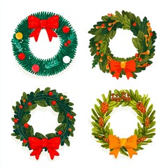 Holiday Season Decorative Wreaths with Bows. Festive green wreaths decorated with vibrant bows and embellishments. The image exudes holiday cheer, perfect for seasonal designs. 