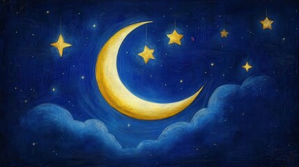 Naklejka premium Dreamy crescent moon and golden stars twinkle brightly in a deep blue night sky surrounded by soft clouds creating a magical, serene atmosphere for children's stories or peaceful sleep.
