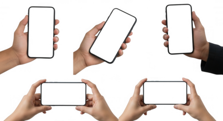 Hands holding black smartphones various orientations isolated on a transparent background