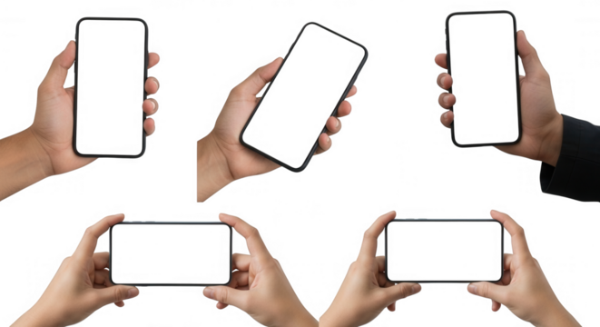Hands holding black smartphones various orientations isolated on a transparent background - Powered by Adobe