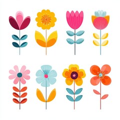 A vibrant illustration of eight different flowers in full bloom, each showcasing a unique design and color palette. This image is perfect for adding a touch of springtime beauty to any project.