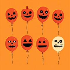 Halloween-themed balloons with various carved pumpkin and skull faces. The vibrant orange color sets a festive and playful atmosphere.
