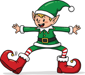 Cute Christmas elf in green costume and red shoes dancing joyfully, cheerful holiday helper illustration full of festive spirit