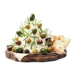 Delicious Christmas tree cheese ball with olives, rosemary and pieces of bread isolated on white. New Year's appetizer