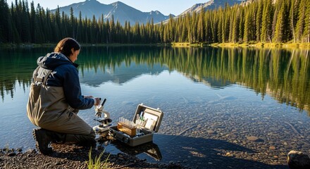 Scientist Analyzing Water Sample by Lake with Mountains