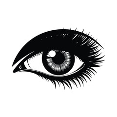 Black and white illustration of a human eye with detailed iris and lashes pupil eyelash