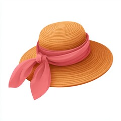A beautiful straw hat with a stylish pink ribbon, perfect for summer days. The hat is made from woven straw with a wide brim and a cute bow.
