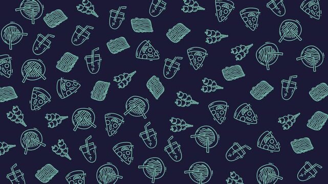 Food pattern doodle features various delicious items like pizza, soda, skewers, ramen, and lasagna illustrations for versatile designs. Suitable for foodthemed designs and social media posts.