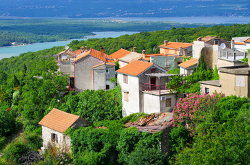 Picturesque village view nestled in lush green landscape, Dobrinj, Croatia