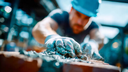 Construction worker spreading cement on bricks while building a wall at an outdoor site