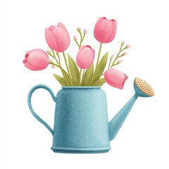 A charming illustration of pink tulips elegantly arranged within a vintage blue watering can
