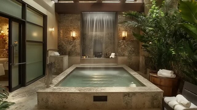 Luxurious spa soaking tub with indoor waterfall and lush foliage