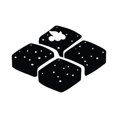 Four black abstract geometric shapes with white dots and one with a leaf square
