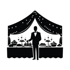 Silhouette of a waiter serving food at a decorated banquet hall vector
