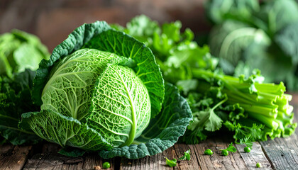 Fototapeta premium Fresh green cabbage and assorted green vegetables on wooden or neutral surface, healthy raw