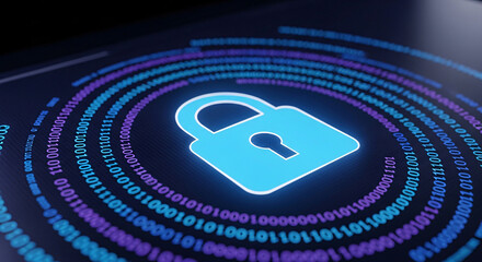 Lock Icon with Binary Code Circles Data Security Concept