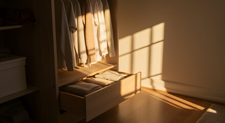 Sunlit Closet with Hanging Clothes and Folded Towels in Warm Natural Light
