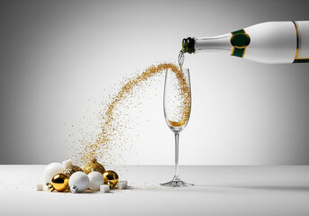 Champagne Pouring into Flute with Festive Decorations on Gray Background