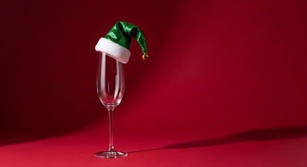 Empty Champagne Flute with Green Santa Hat on Red Background