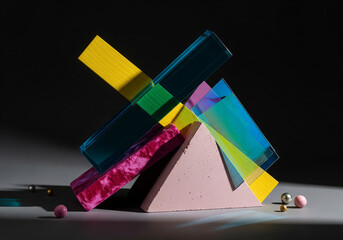 Abstract Geometric Sculpture with Colored Panels and Spheres