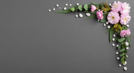 Corner Floral Arrangement with Peonies and Eucalyptus on Dark Gray Background